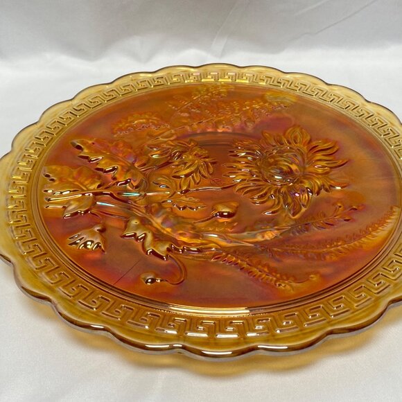Imperial Carnival Glass Marigold Plate With Sunflower Design & Scalloped Edge - Picture 6 of 10